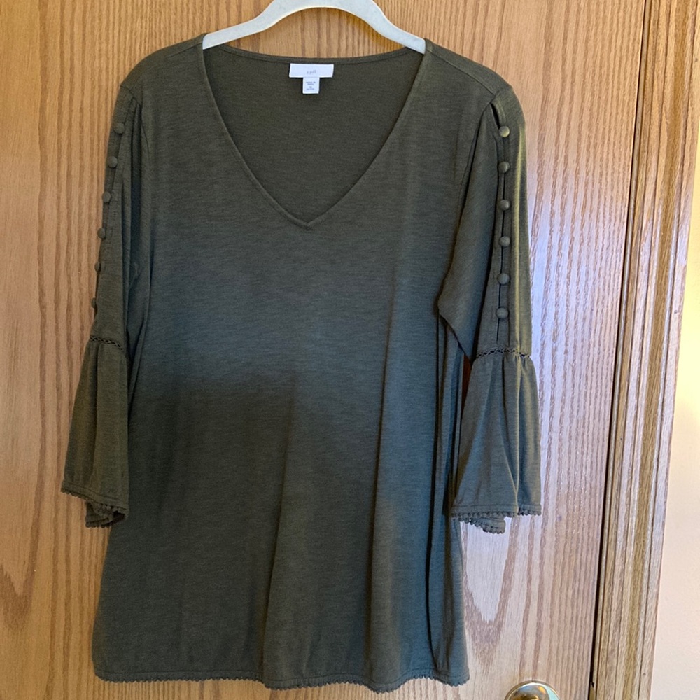 Dark green J Jill bell sleeve scallop edge top with 3/4 sleeve size PM.